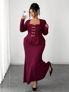 Elenzga Plus Size Women's Burgundy Textured Square Neck Top With Gold Frog Buttons And Elegant Mermaid Skirt, Suitable For Valentine's Day Date And New Year - Burgundy - View 9