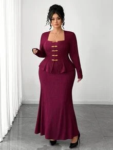 Elenzga Plus Size Women's Burgundy Textured Square Neck Top With Gold Frog Buttons And Elegant Mermaid Skirt, Suitable For Valentine's Day Date And New Year - Burgundy - View 6