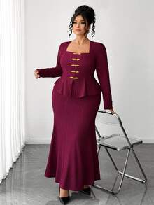 Elenzga Plus Size Women's Burgundy Textured Square Neck Top With Gold Frog Buttons And Elegant Mermaid Skirt, Suitable For Valentine's Day Date And New Year - Burgundy - View 1