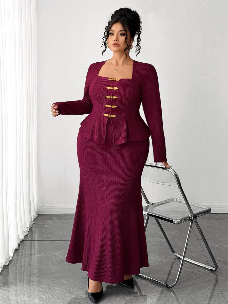 Elenzga Plus Size Women's Burgundy Textured Square Neck Top With Gold Frog Buttons And Elegant Mermaid Skirt, Suitable For Valentine's Day Date And New Year - Burgundy - View 1