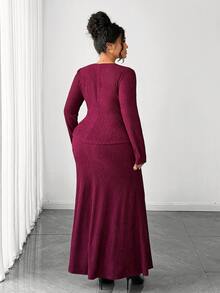 Elenzga Plus Size Women's Burgundy Textured Square Neck Top With Gold Frog Buttons And Elegant Mermaid Skirt, Suitable For Valentine's Day Date And New Year - Burgundy - View 2