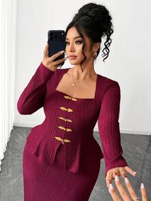 Elenzga Plus Size Women's Burgundy Textured Square Neck Top With Gold Frog Buttons And Elegant Mermaid Skirt, Suitable For Valentine's Day Date And New Year - Burgundy - View 4