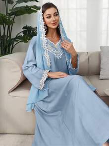 SHEIN Najma 圆领荷叶刺绣荷叶边连衣裙（配头巾） - 藍色 - 查看 7
