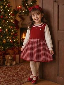 Souflis Young Girl's 嬰兒公主風長袖針織洋裝，聖誕母女套裝，紅色秋季款 - 酒紅色 - 查看 8