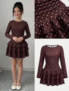 Firerie Kids Firerie Kids Tween Girl Tween Girls Kids Color Polka Dot Long Sleeve Dress Casual Daily Versatile Fashion Soft Comfortable Autumn Winter New Style - Coffee - View 1