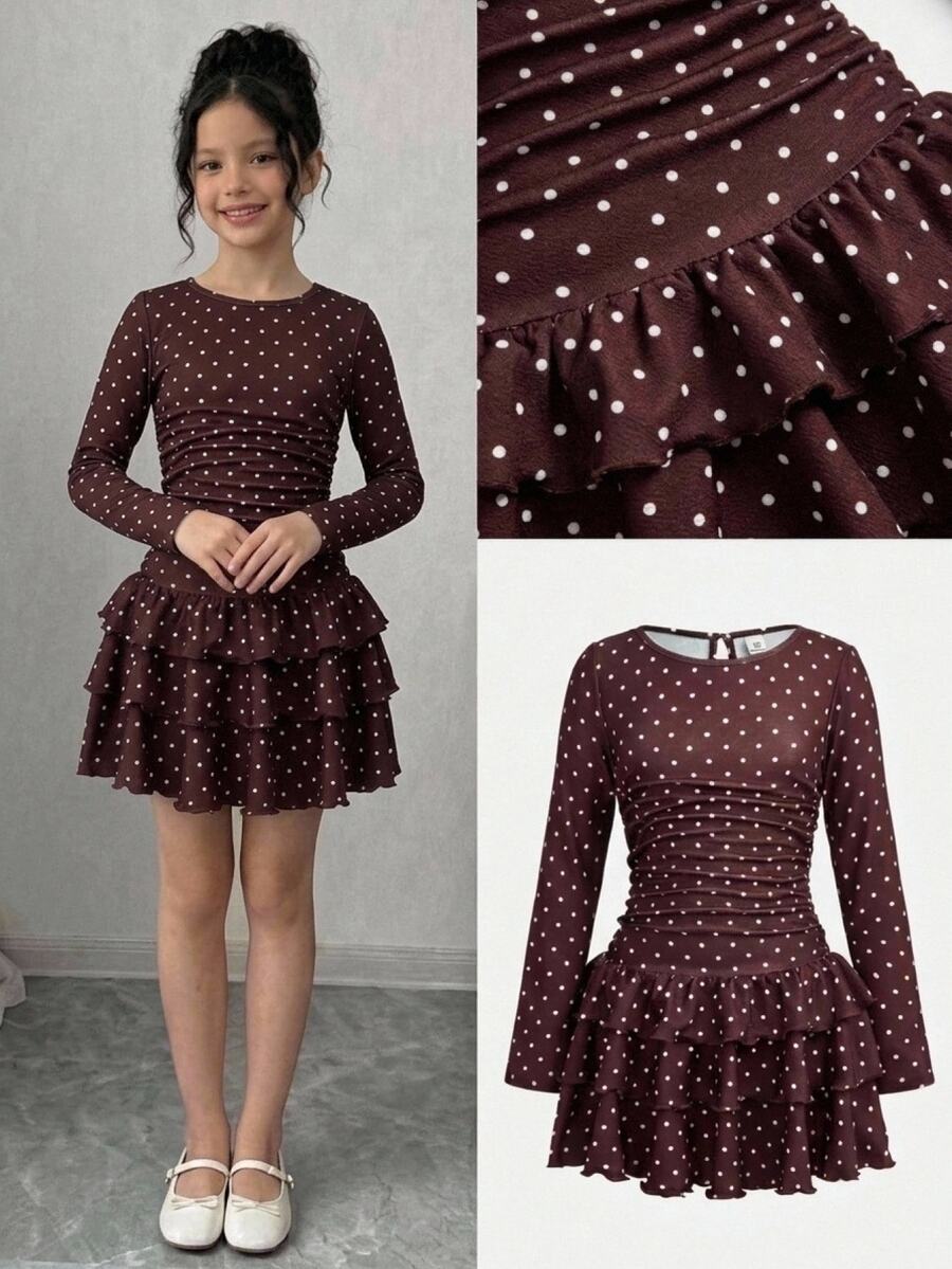 Firerie Kids Firerie Kids Tween Girl Tween Girls Kids Color Polka Dot Long Sleeve Dress Casual Daily Versatile Fashion Soft Comfortable Autumn Winter New Style - Coffee - View 1