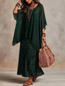SHEIN Women's Elegant Vintage Leopard Print Dress, Slouchy Design Dress Set - Dark Green - View 4