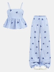 Firerie Kids Firerie Kids 两件套少女条纹蝴蝶结吊带背心+裤子休闲套装，时尚百搭，适合日常、外出、露营、度假，可与家人搭配 - 藍白色 - 查看 3