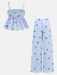 Firerie Kids Firerie Kids 两件套少女条纹蝴蝶结吊带背心+裤子休闲套装，时尚百搭，适合日常、外出、露营、度假，可与家人搭配 - 藍白色 - 查看 2