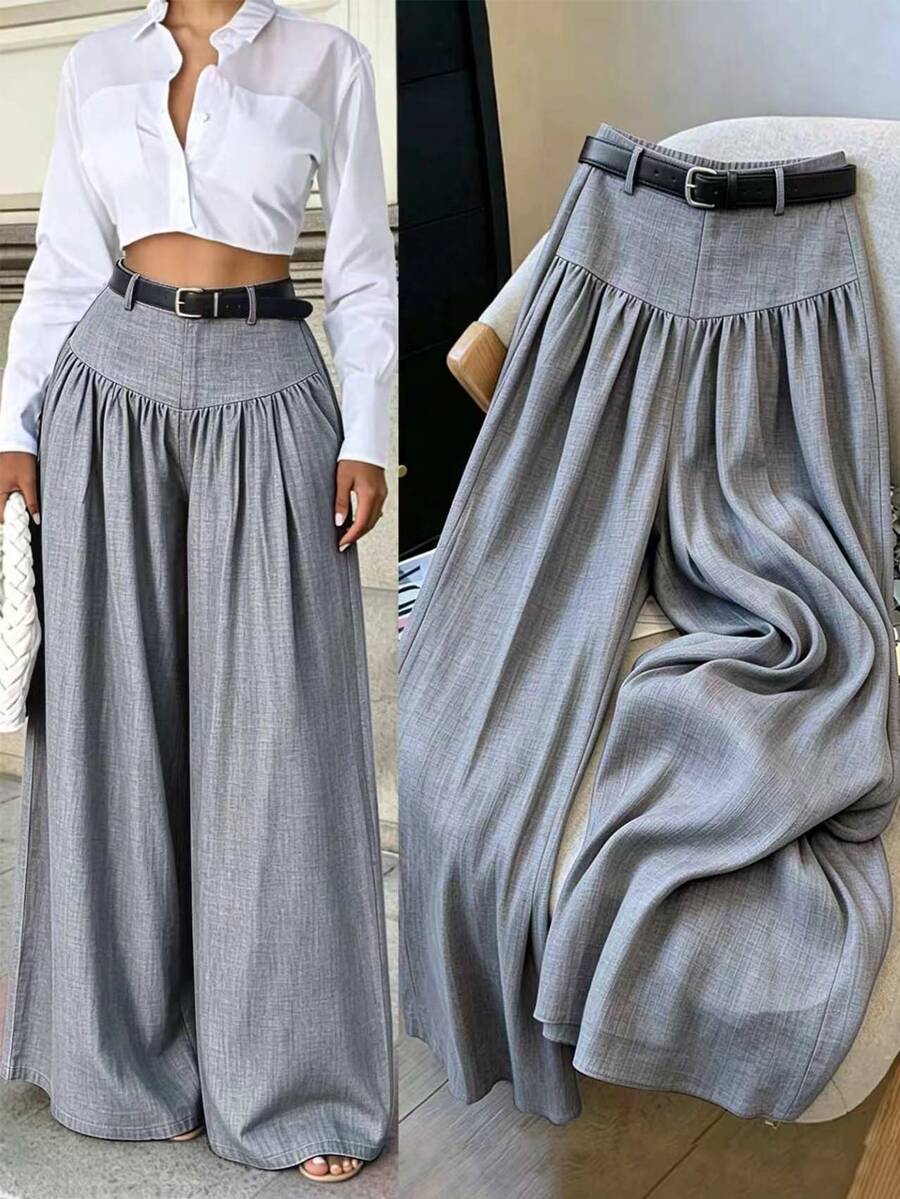 Elenzga French Style Hanging And Wide Leg Pants With Slimming Texture And Elegant Commuting Casual Women's Pants - Grey - View 1