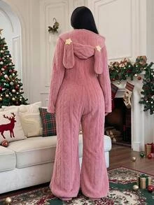 SHEIN CURVE+ Plus Size Women's Casual Rabbit Ear Plush Jumpsuit Christmas - Pink - View 1