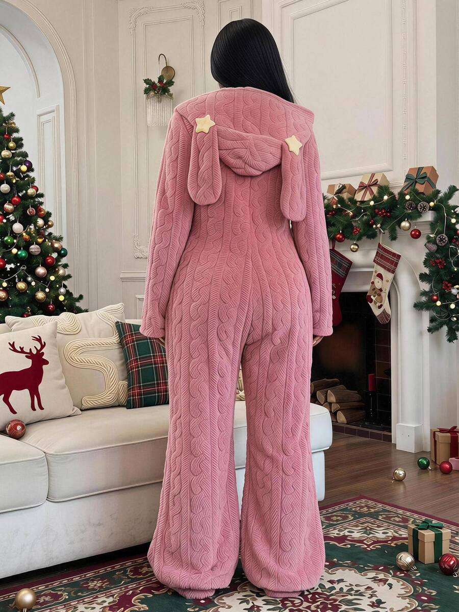 SHEIN CURVE+ Plus Size Women's Casual Rabbit Ear Plush Jumpsuit Christmas - Pink - View 1