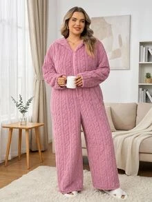 SHEIN CURVE+ Plus Size Women's Casual Rabbit Ear Plush Jumpsuit Christmas - Pink - View 4