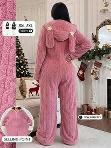 SHEIN CURVE+ Plus Size Women's Casual Rabbit Ear Plush Jumpsuit Christmas - Pink - View 7