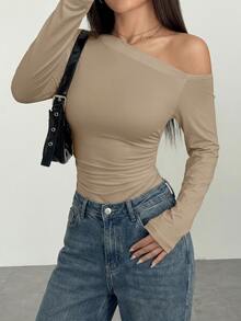 Flirla Black Asymmetric Shoulder Ruched Waist Fitted Long Sleeve Casual Bodysuit For Women, Autumn - Khaki - View 3