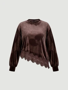 SHEIN MOD 大尺碼秋冬優雅棕色天鵝絨套頭運動衫，蕾絲拼接不對稱下擺設計，秋季新年聖誕派對正式穿搭 - 棕色 - 查看 3