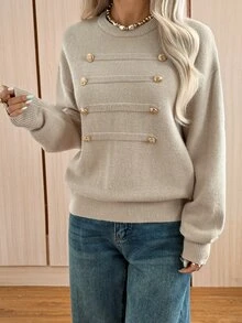 SHEIN EZwear Women's Solid Color Casual Versatile Daily Long Sleeve Sweater - Apricot - View 2