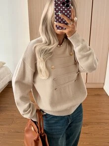SHEIN EZwear Women's Solid Color Casual Versatile Daily Long Sleeve Sweater - Apricot - View 5