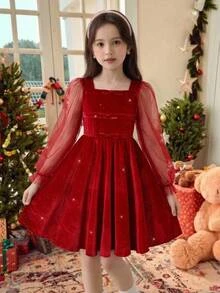 Girls' New Elegant Fashion Princess Style Black Mesh Dress - Red - View 1