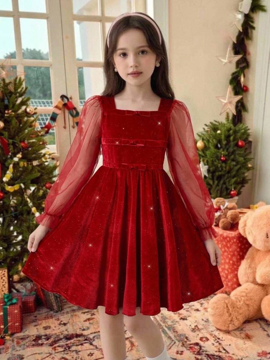Girls' New Elegant Fashion Princess Style Black Mesh Dress - Red - View 1