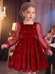 Girls' New Elegant Fashion Princess Style Black Mesh Dress - Red - View 8
