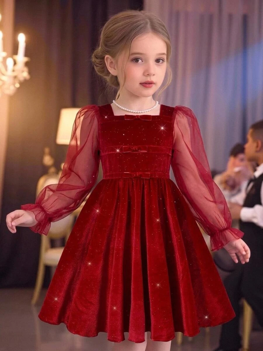 SHEIN Elladie kids Girls' New Elegant Fashion Princess Style Black Mesh Dress - Red - View 1