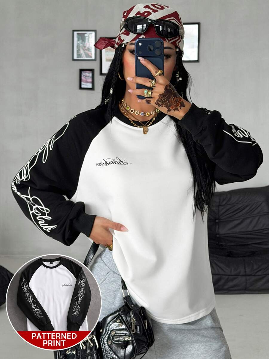 DRPCRD Women's Fall Warm /Winter Streetwear Casual Chic Black White Graphic Raglan Oversized Long Sleeve Sweatshirt