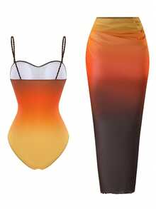 Bonvoyette Women's Ombre Digital Print One-Piece Swimsuit,Braided Strap,Mesh Skirt,Orange,Summer,Casual,Beach,Holiday,Vacation,Holiday - Brown - View 3