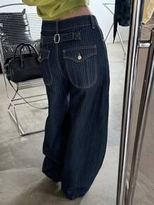 DAZY 女款拼色條紋寬鬆寬腿休閒街頭風韓式秋冬長款牛仔褲 - 藍色 - 查看 3