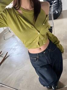 DAZY 女款拼色條紋寬鬆寬腿休閒街頭風韓式秋冬長款牛仔褲 - 藍色 - 查看 6
