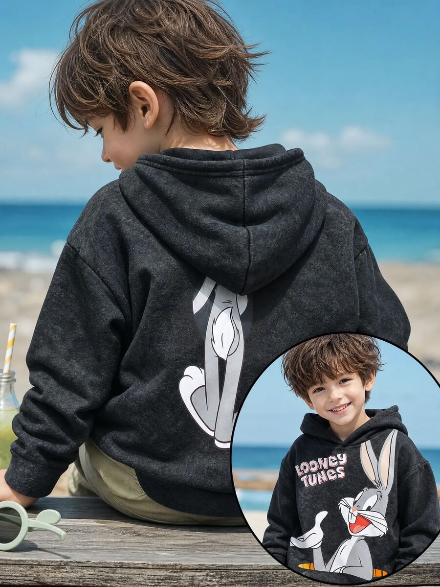 LOONEY TUNES X SHEIN 小男孩字母卡通圖案休閒日常運動衫 - 灰色 - 查看 1