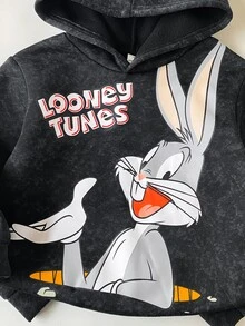 LOONEY TUNES X SHEIN 小男孩字母卡通圖案休閒日常運動衫 - 灰色 - 查看 5