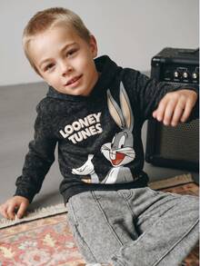 LOONEY TUNES X SHEIN 小男孩字母卡通圖案休閒日常運動衫 - 灰色 - 查看 7