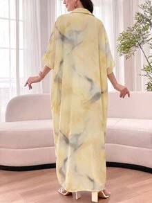 Al Najma Tie Dye Color Loose Fit Short Sleeve Polo Collar Dress, Spring/Summer - Yellow - View 4