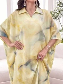Al Najma Tie Dye Color Loose Fit Short Sleeve Polo Collar Dress, Spring/Summer - Yellow - View 7