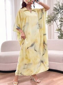 Al Najma Tie Dye Color Loose Fit Short Sleeve Polo Collar Dress, Spring/Summer - Yellow - View 6