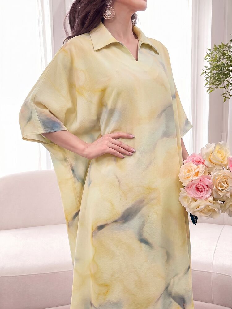 Al Najma Tie Dye Color Loose Fit Short Sleeve Polo Collar Dress, Spring/Summer - Yellow - View 3