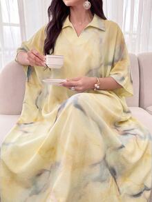 Al Najma Tie Dye Color Loose Fit Short Sleeve Polo Collar Dress, Spring/Summer - Yellow - View 2