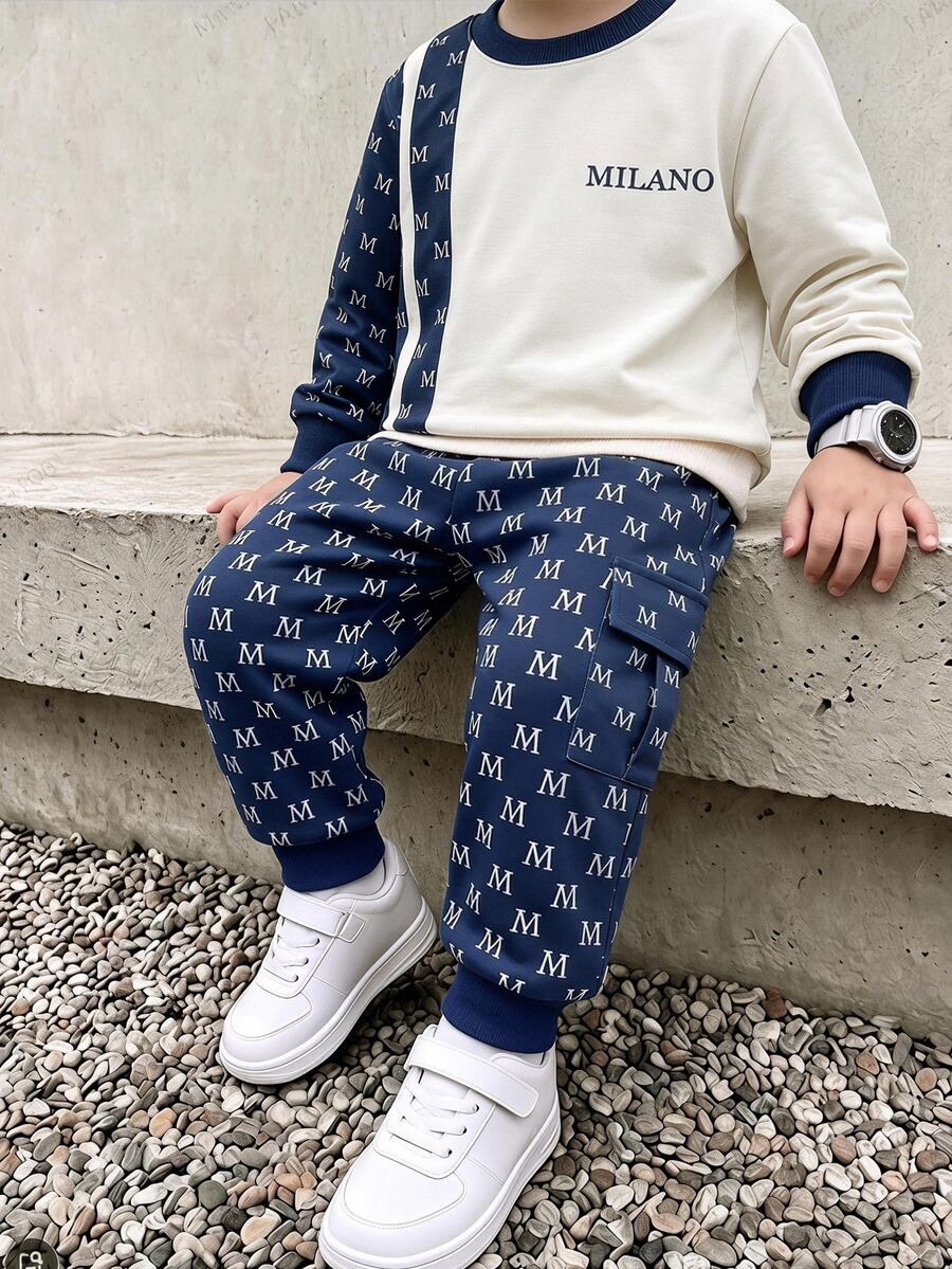 Genkimix Kids Little Boys Letter Print Color Block Crew Neck Sweatshirt & Allover Print Jogger Pants 2pcs Fall Winter Casual Streetwear Outfit Set For School - Blue - View 1