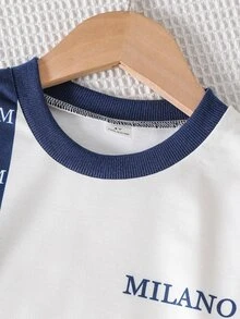 Genkimix Kids Little Boys Letter Print Color Block Crew Neck Sweatshirt & Allover Print Jogger Pants 2pcs Fall Winter Casual Streetwear Outfit Set For School - Blue - View 5