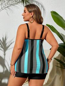 SHEIN Swim Curve 夏季海灘條紋印花上衣和短褲泳衣套裝 - 藍色 - 查看 2