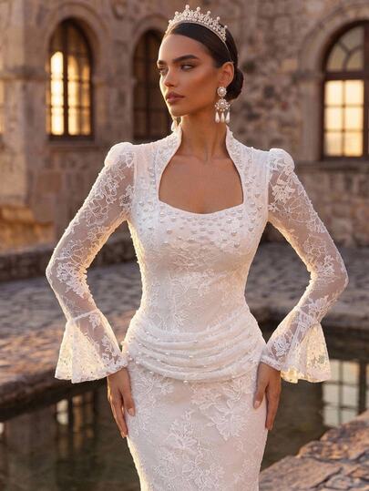 Glamrae Elegant Luxurious White & Champagne Contrast Sheer Detachable Long Sleeve V-Neck Off-Shoulder Fan-Shaped Elastic Lace Sexy Backless Mermaid Tail Silhouette Floor-Length Wedding Dress For Wedding, Holiday, Party, Graduation Season