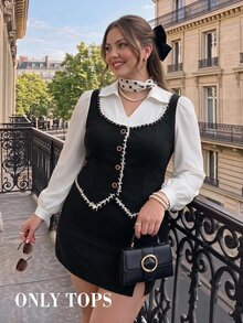 SHEIN MOD Plus Size Black And White Autumn/Winter Preppy Style 2 In 1 Shirt, Casual Preppy For Girls, Elegant Daily Commute Fall Party Office - Black - View 3