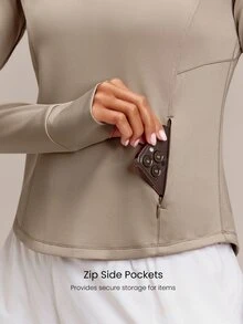 GLOWMODE Therma-FIT ADV Sweet Victory Quarter-Zip Top With Watch Pocket, Thumbholes & Reflective Back Running Training Gym Fall Active Wear - Khaki - View 5