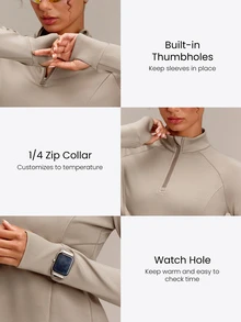 GLOWMODE Therma-FIT ADV Sweet Victory Quarter-Zip Top With Watch Pocket, Thumbholes & Reflective Back Running Training Gym Fall Active Wear - Khaki - View 4