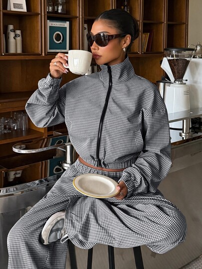 Muchica Women's New Autumn Casual Plaid Stand Collar Jacket And Pants Set For Going Out, Streetwear, Y2K,Fall Winter 2026