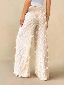 SHEIN Tall 女款亮片時尚百搭日常穿著長褲 - 杏色 - 查看 2