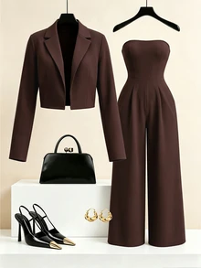 SHEIN LUNE 女款咖啡棕西裝外套 + 抹胸後綁帶連身褲套裝，高端優雅設計，生日禮物，約會，派對，嘉年華，音樂節，雞尾酒會，高氣場穿搭，旅行，度假，街拍，氛圍感穿搭，春夏秋套裝，春夏秋新必備，時尚百搭，小眾設計兩件套 - 咖啡棕 - 查看 5