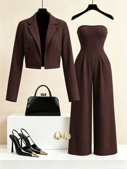 SHEIN LUNE Women's Coffee Brown Blazer + Bandeau Back-Tie Jumpsuit Set, High-End Elegant Design, Birthday Gift, Date, Party, Carnival, Music Festival, Cocktail Party, High-Aura Outfit, Travel, Vacation, Street Photography, Atmosphere Outfit, Spring/Summer/Autumn Set, Spring/Summer/Autumn New Essential, Fashion Versatile, Niche Design Two Pieces Set