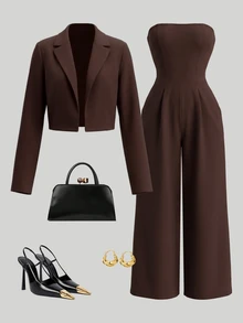 SHEIN LUNE 女款咖啡棕西裝外套 + 抹胸後綁帶連身褲套裝，高端優雅設計，生日禮物，約會，派對，嘉年華，音樂節，雞尾酒會，高氣場穿搭，旅行，度假，街拍，氛圍感穿搭，春夏秋套裝，春夏秋新必備，時尚百搭，小眾設計兩件套 - 咖啡棕 - 查看 3